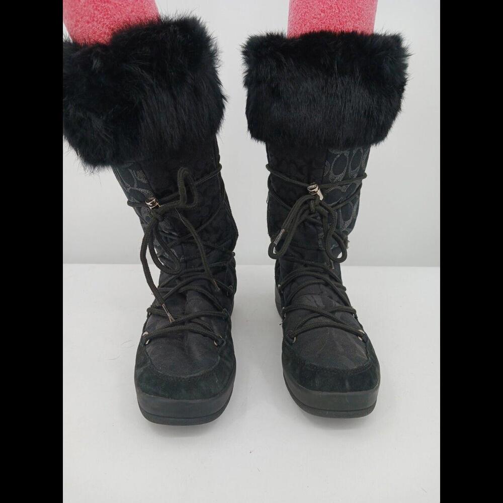 Coach Women Boot 8 Black Snow Boot Lacing Fur Trim Logo Stacked Heel Low - Picture 4 of 11